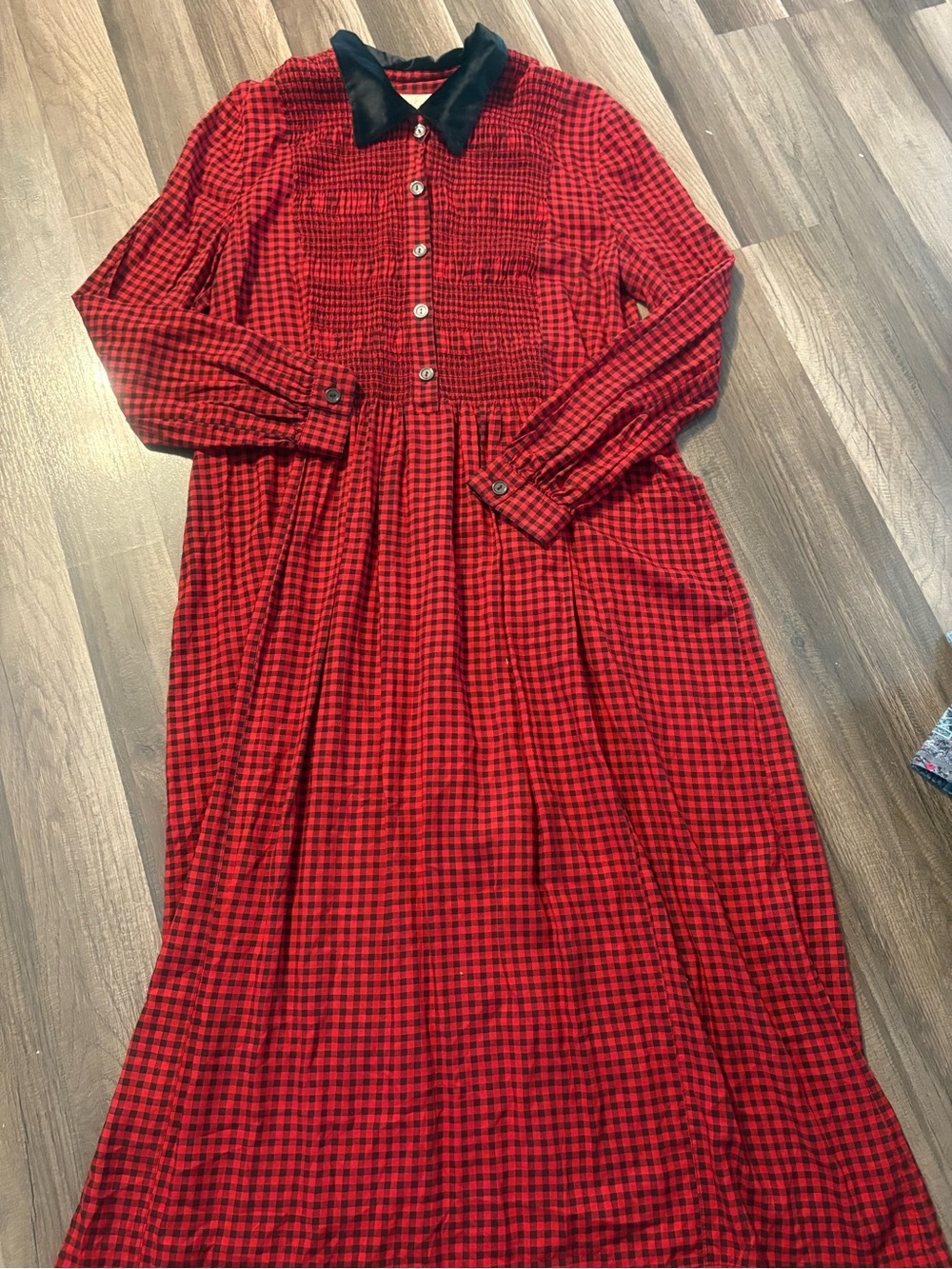 Red and Black Buffalo Plaid Long Dress with Black Collar. Vintage Kathie Lee.